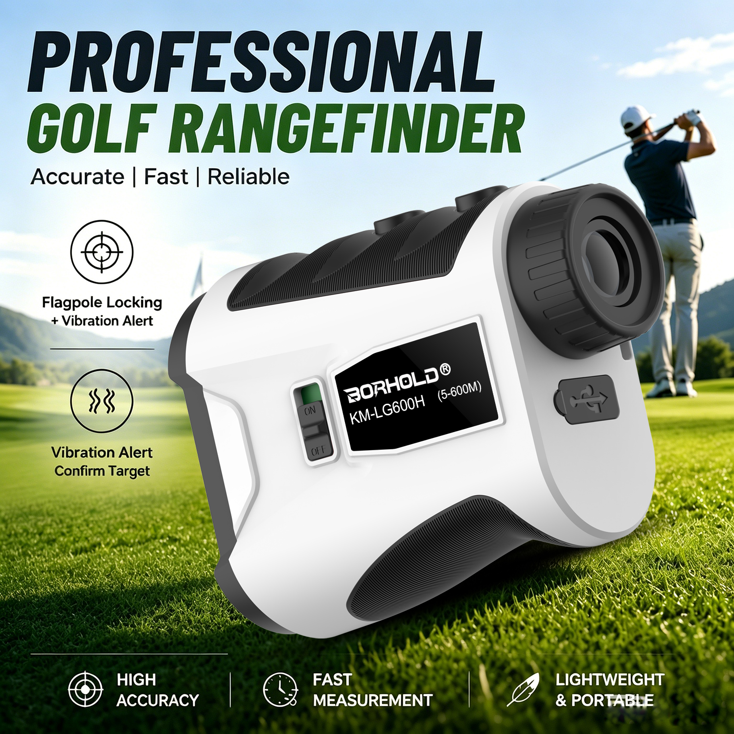 Borhold HB-LG Rangefinder 6.5X HD Golf & Hunting Range Finder with Slope, Flagpole Lock Vibration, Magnetic Adsorption, USB-C Rechargeable