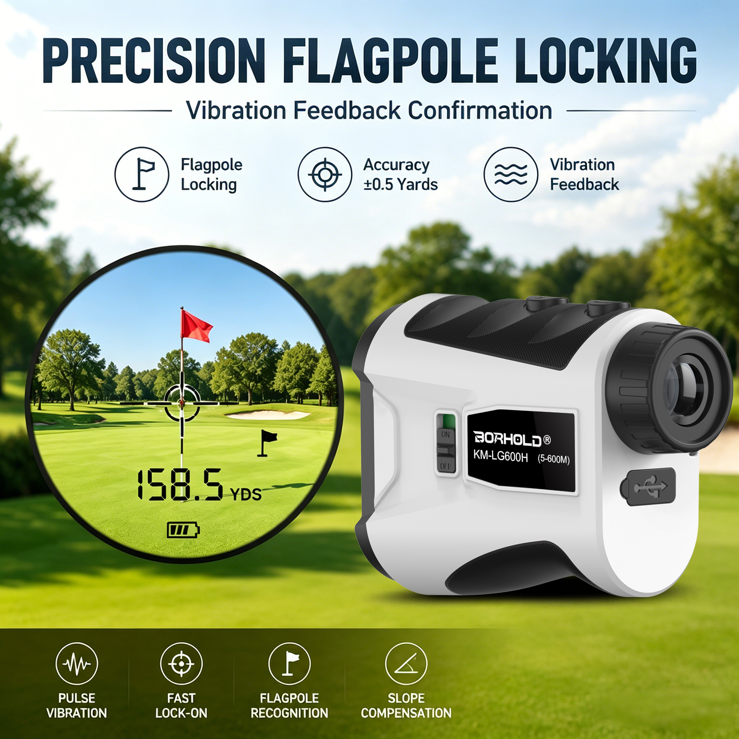 Borhold HB-LG Rangefinder 6.5X HD Golf & Hunting Range Finder with Slope, Flagpole Lock Vibration, Magnetic Adsorption, USB-C Rechargeable