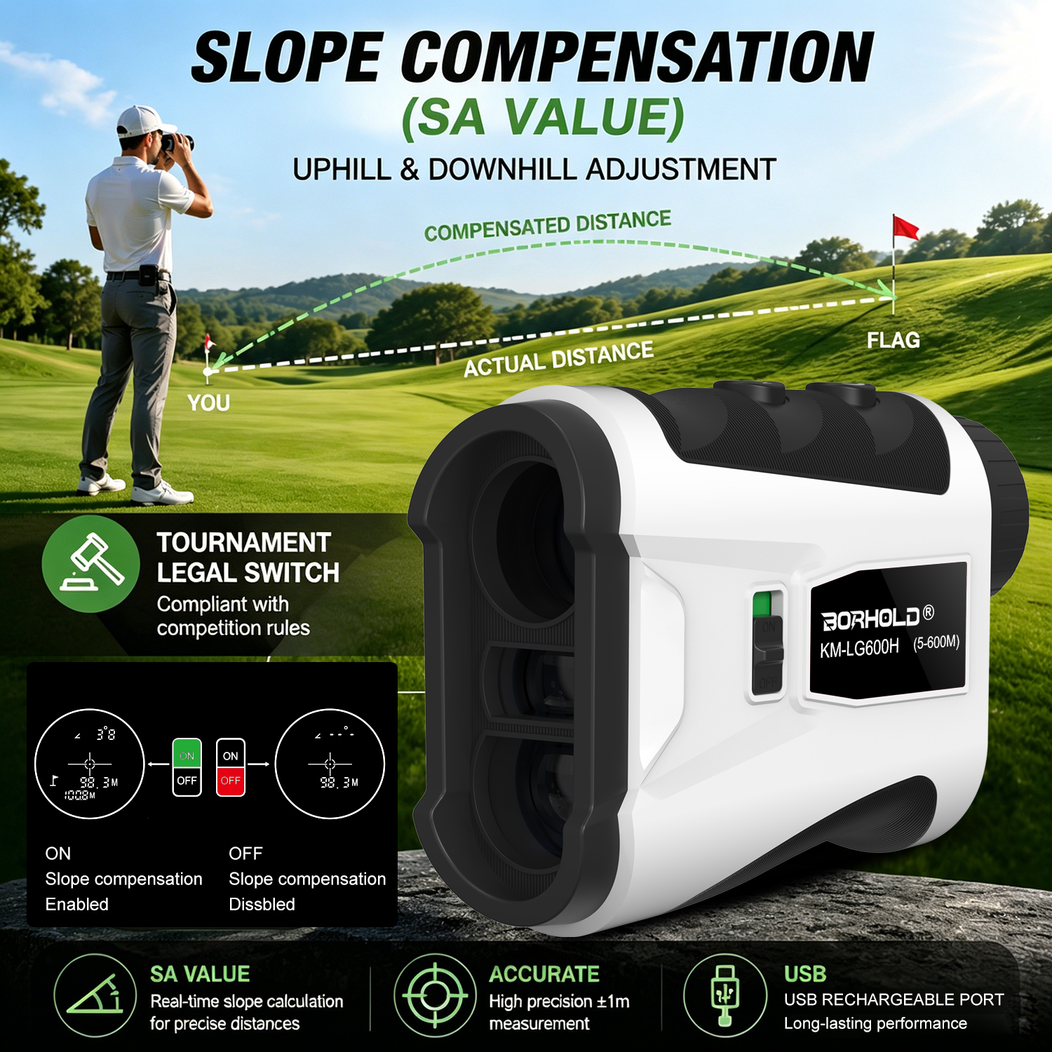 Borhold HB-LG Rangefinder 6.5X HD Golf & Hunting Range Finder with Slope, Flagpole Lock Vibration, Magnetic Adsorption, USB-C Rechargeable