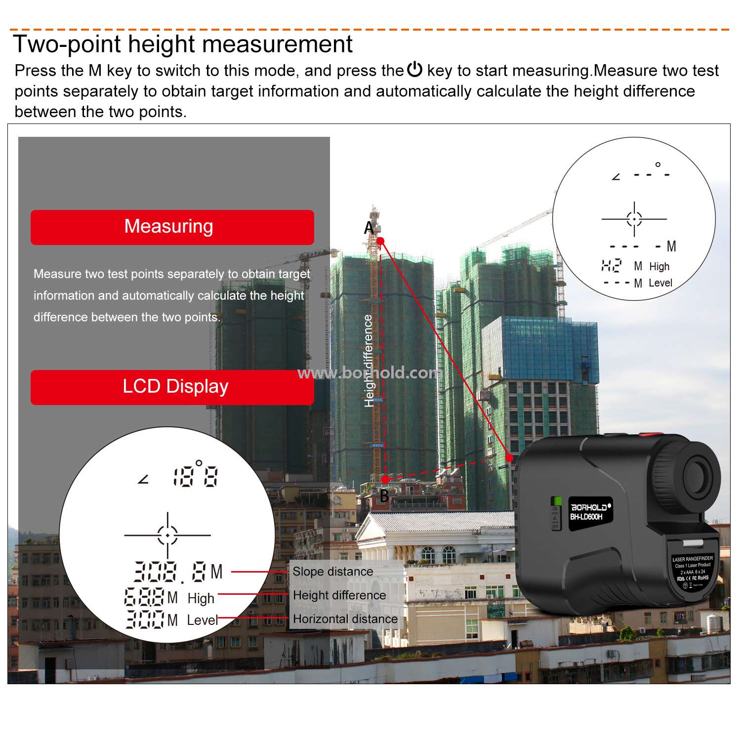 Borhold High Precision Laser Rangefinder, 6X Magnification Waterproof Range Finder with Pin Lock & Slope Mode for Golf Hunting Outdoor