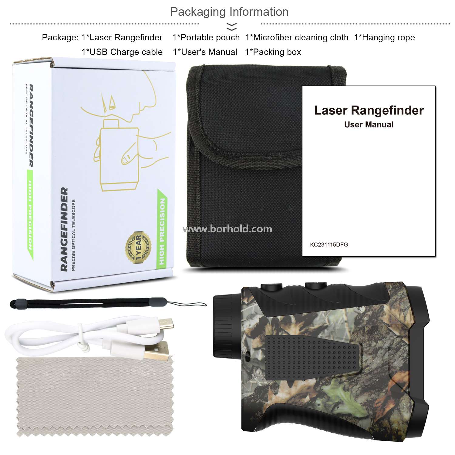 Borhold BH-LG Series Camouflage Hunting Laser Rangefinder – BH-LG450H / BH-LG600H / BH-LG800H / BH-LG1000H Rechargeable Laser Range Finder with Slope Compensation & Height Measurement