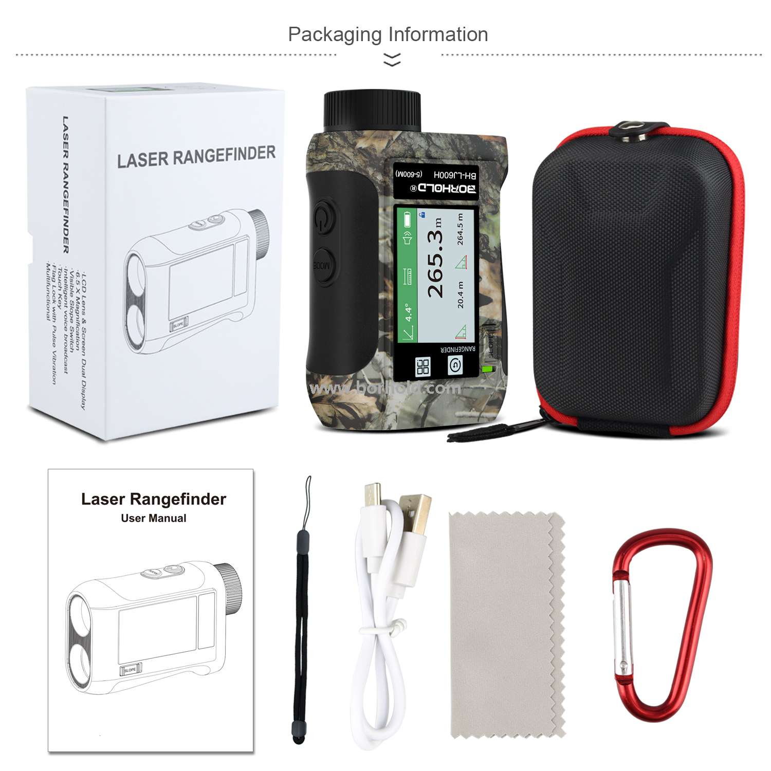 Borhold BH-LJ Series Camouflage Rechargeable Laser Rangefinder, 6.5X Magnification, External Touch HD Color Screen with Slope Switch for Hunting & Golf