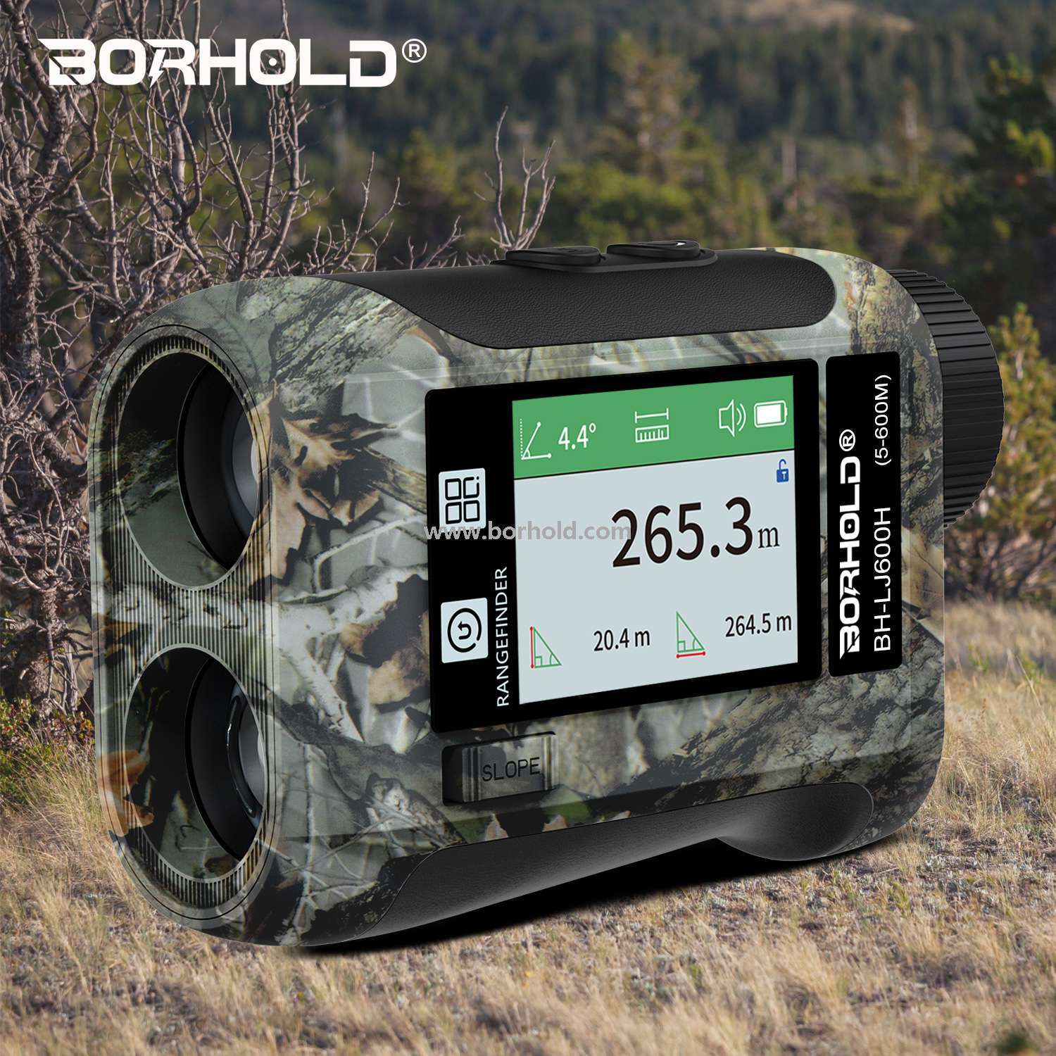 Borhold BH-LJ Series Camouflage Rechargeable Laser Rangefinder, 6.5X Magnification, External Touch HD Color Screen with Slope Switch for Hunting & Golf