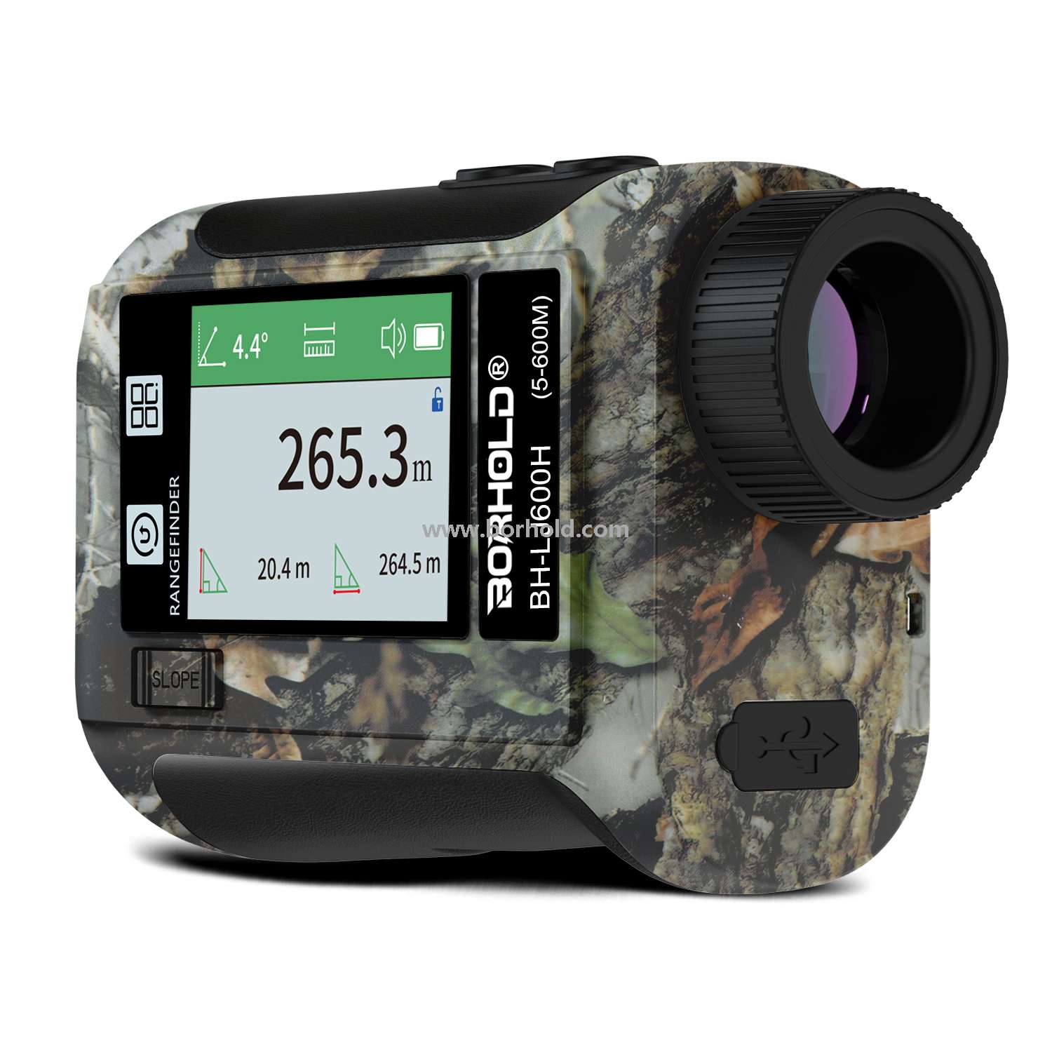Borhold BH-LJ Series Camouflage Rechargeable Laser Rangefinder, 6.5X Magnification, External Touch HD Color Screen with Slope Switch for Hunting & Golf