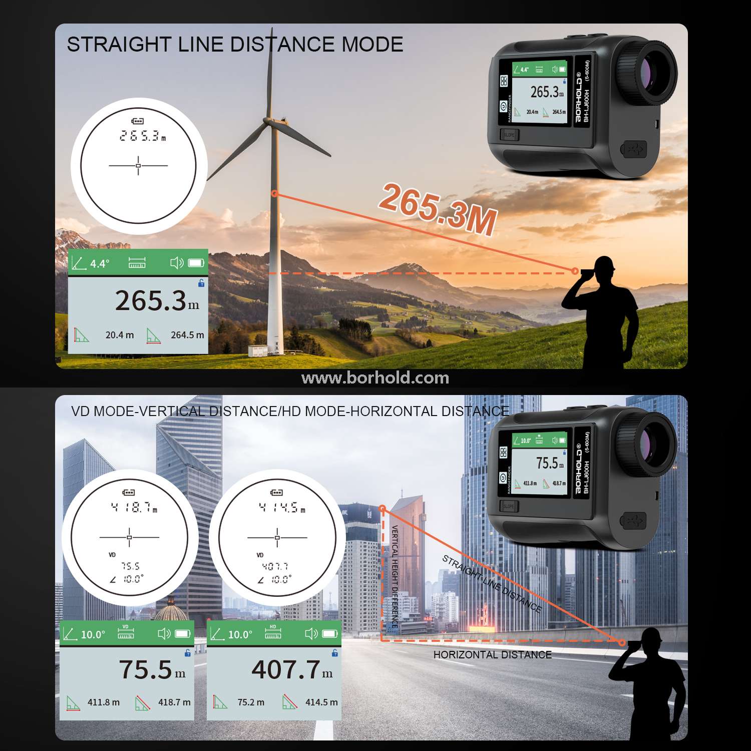 Borhold BH-LJ Series Rechargeable Laser Rangefinder with Touch Color Screen, Slope Switch & Multi-function Measurement