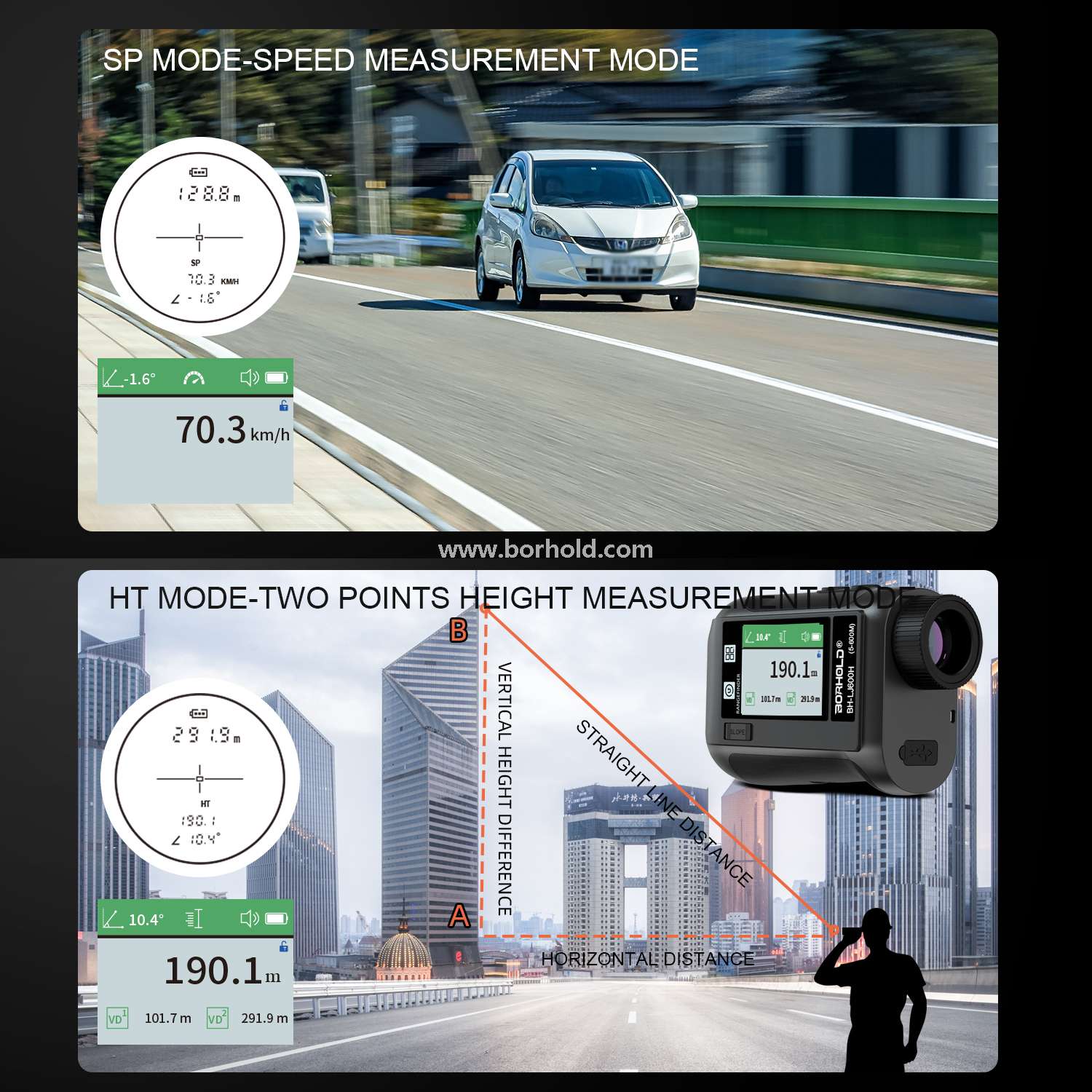 Borhold BH-LJ Series Rechargeable Laser Rangefinder with Touch Color Screen, Slope Switch & Multi-function Measurement