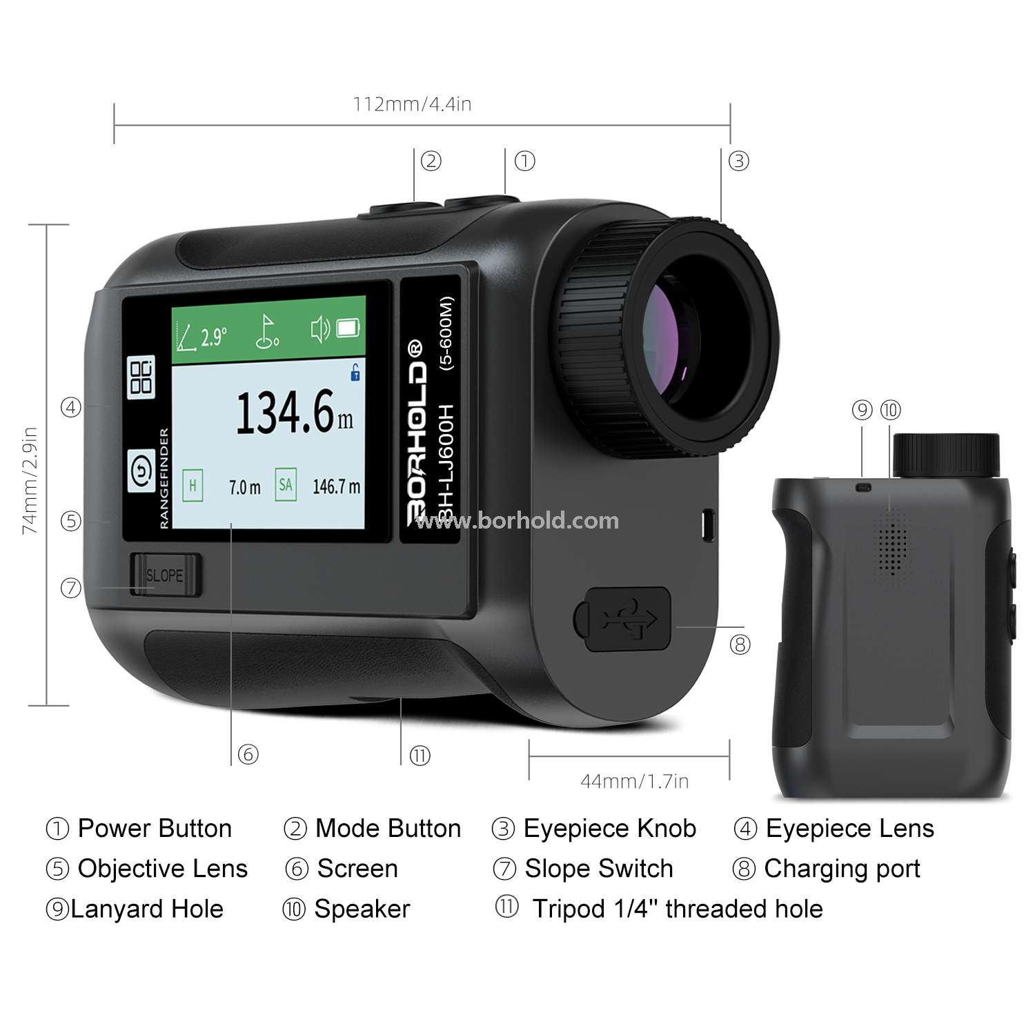 Borhold BH-LJ Series Rechargeable Laser Rangefinder with Touch Color Screen, Slope Switch & Multi-function Measurement