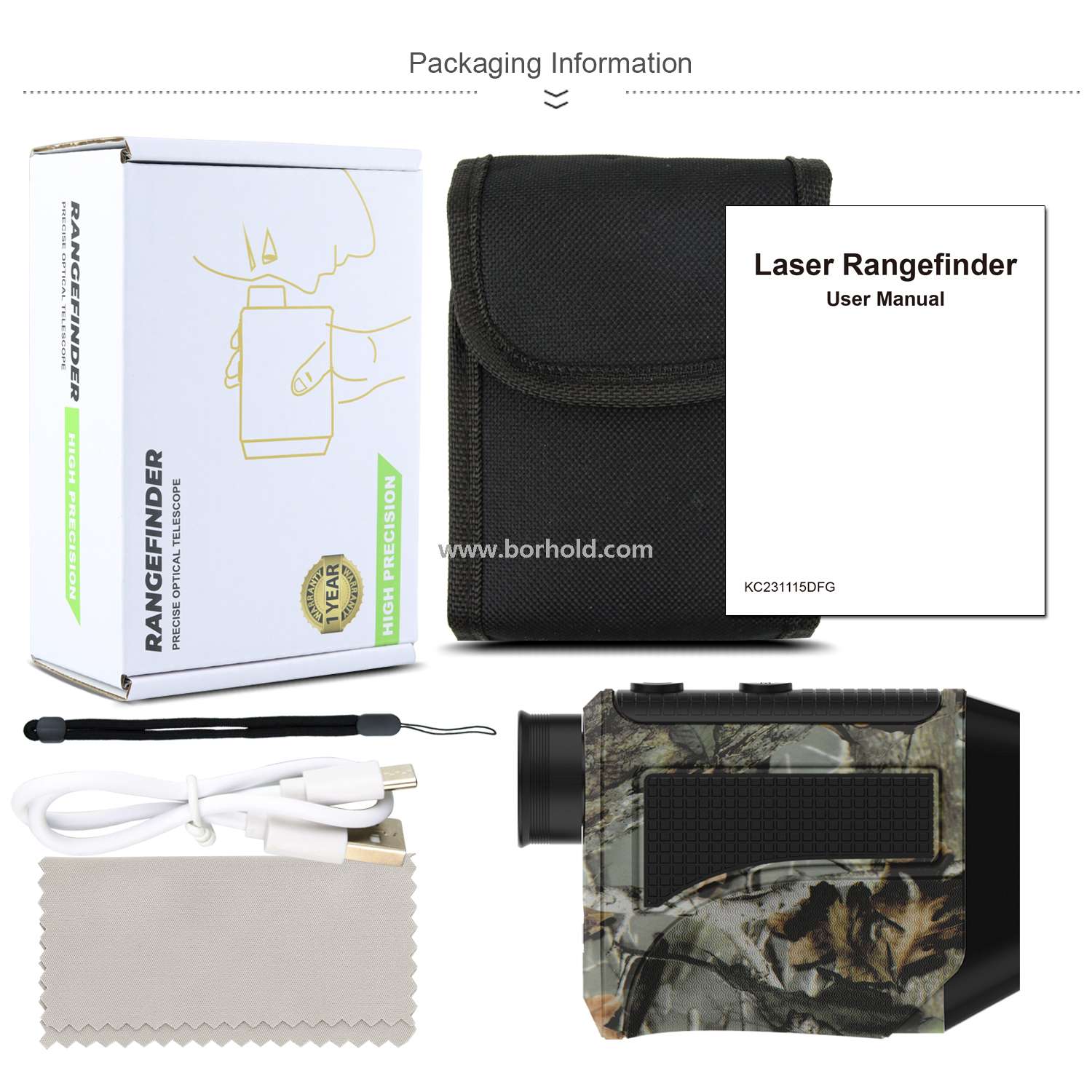 Borhold Camouflage Hunting Laser Rangefinder, Rechargeable Outdoor Laser Range Finder with Slope & Height Measurement