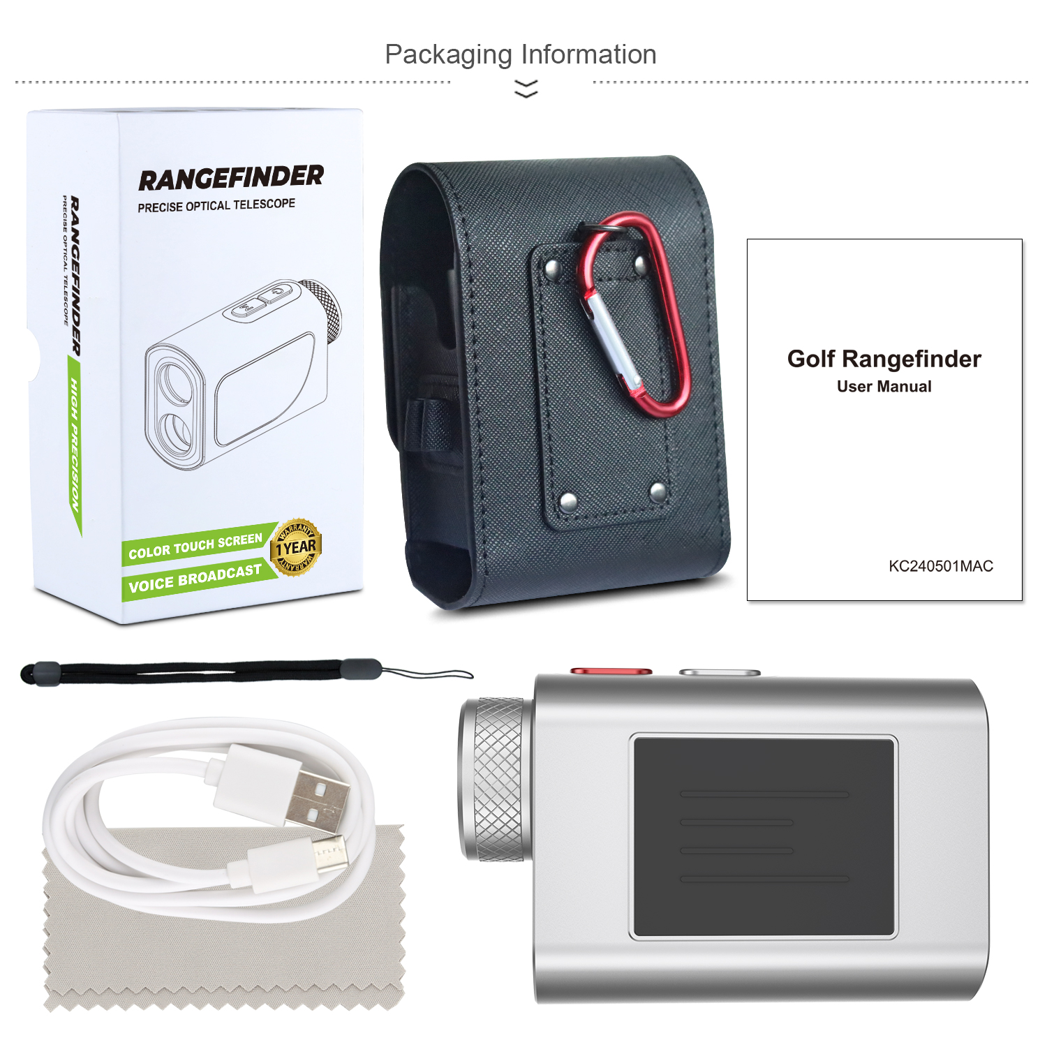 Borhold BH-LMAC600H Silver Golf Laser Rangefinder with Slope, Touch Color Screen, Flag Lock & Magnetic Mount