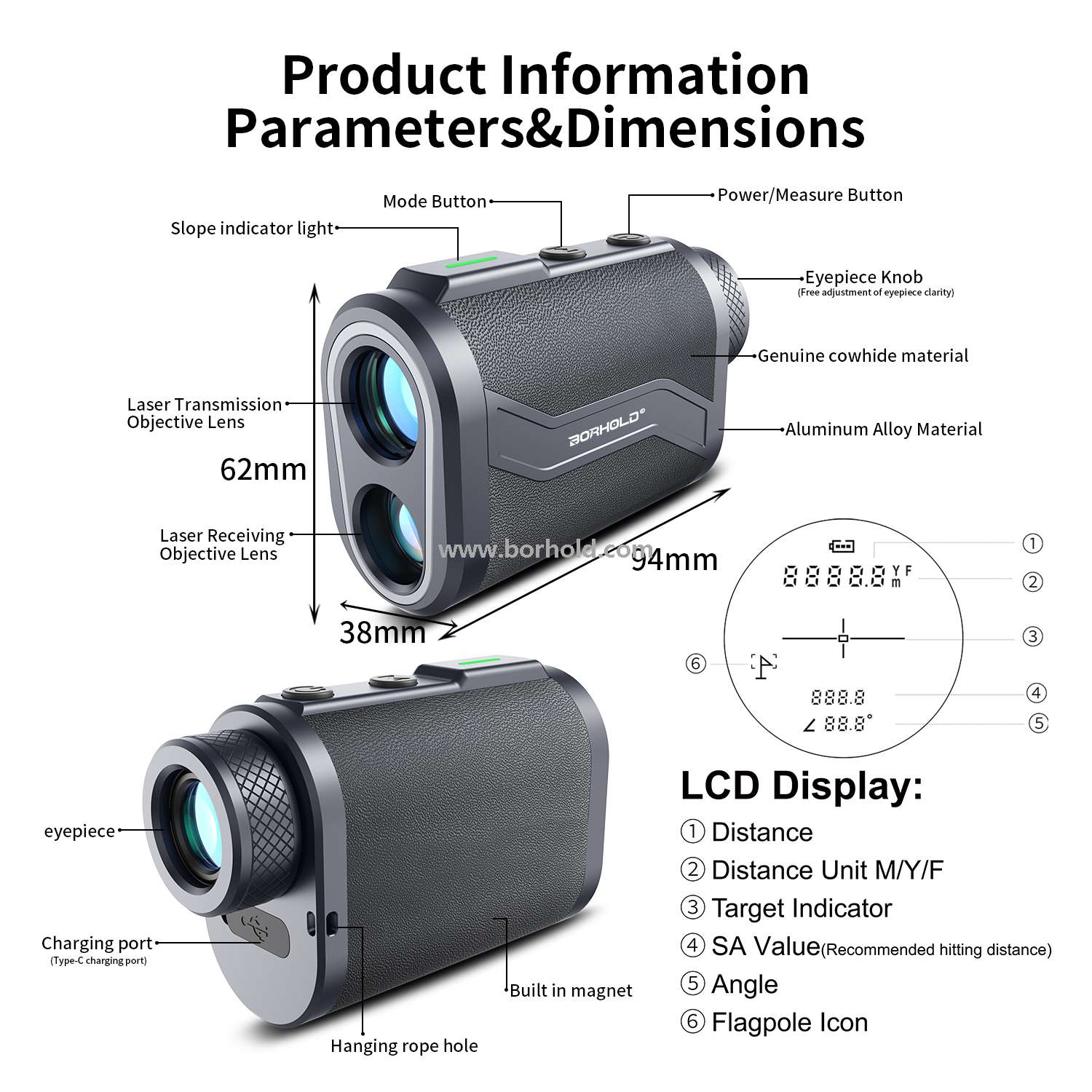 Borhold BH-LMAL Series Aluminum & Leather Golf Laser Rangefinder with Slope Compensation – 600–1200M Waterproof Magnetic Rangefinder for Golf, Outdoor Sports & Hunting