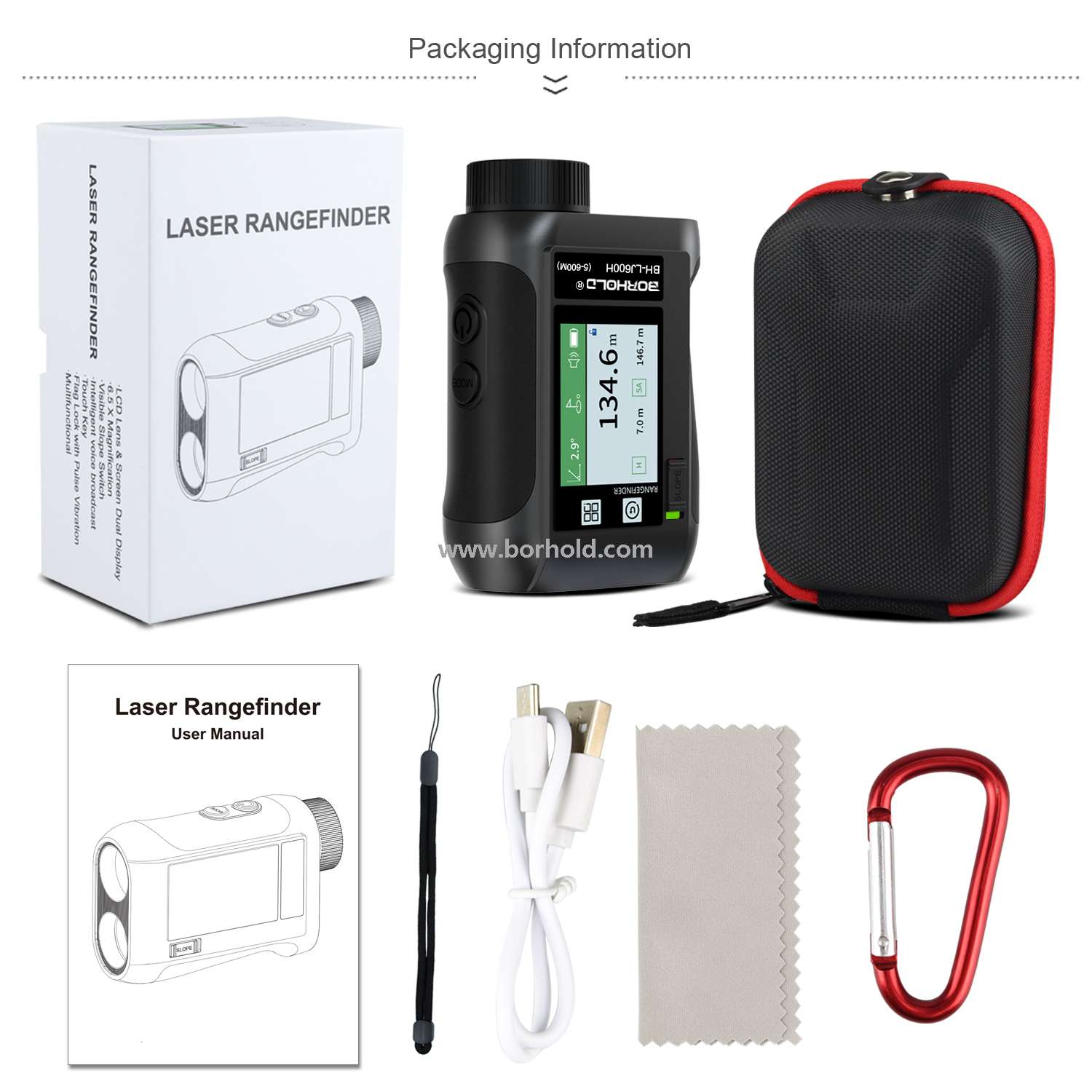 Borhold BH-LJ Series Rechargeable Laser Rangefinder with Touch Color Screen, Slope Switch & Multi-function Measurement