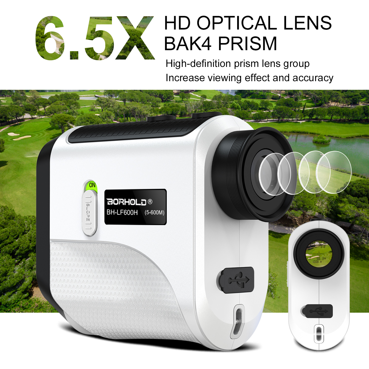Borhold BH-LF Laser Rangefinder 6.5X  Golf & Hunting Rechargeable Range Finder with Slope Flagpole Lock Vibration