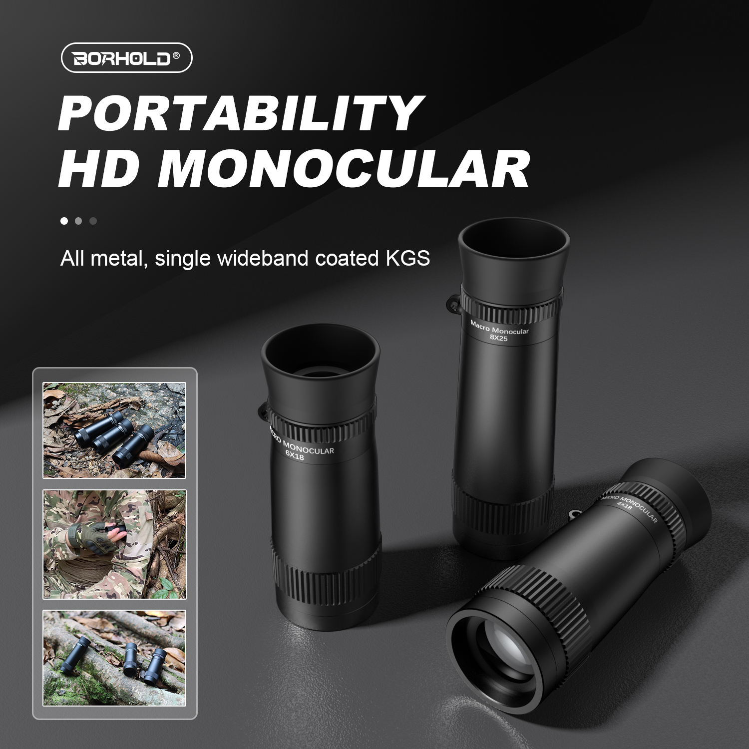 Borhold BH-TH Series Compact Macro Monocular Telescope, 4X18 /6X18 /8X25 All Metal Pocket HD Monocular
